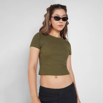 PEOPLE Self Design Women Round Neck Green T-Shirt