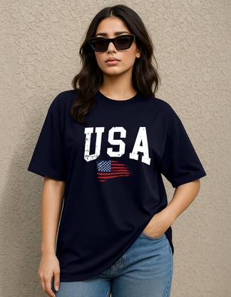 JUNEBERRY Printed Women Round Neck Navy Blue T-Shirt