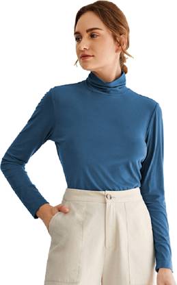 FashMind Self Design Women Turtle Neck Blue T-Shirt