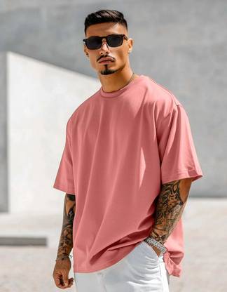 Veirdo Solid Men Round Neck Pink T-Shirt