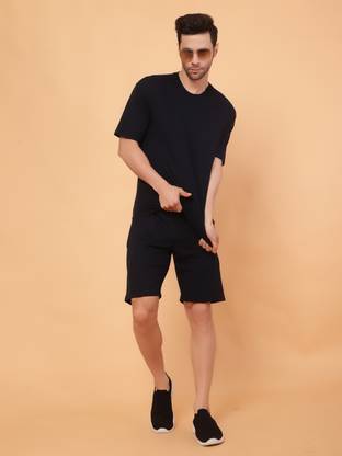 Earthstick Men Solid Blue Top & Shorts Set