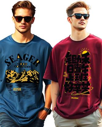 AUSK Printed Men Round Neck Maroon, Dark Blue T-Shirt