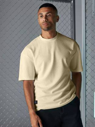 MANIAC Solid Men Round Neck Beige T-Shirt