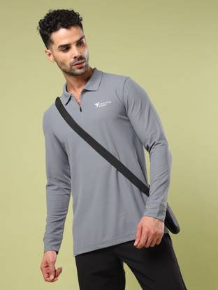 TECHNOSPORT Solid Men Zip Neck Grey T-Shirt