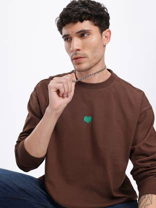 Glitchez Solid Men Round Neck Brown T-Shirt