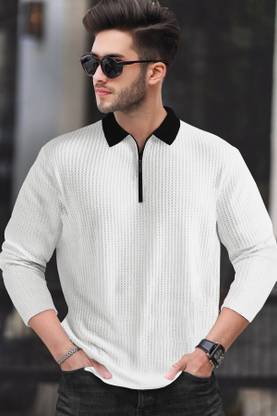 TRIPR Self Design Men Polo Neck White, Black T-Shirt