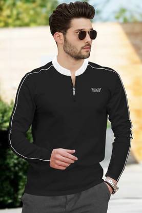 TRIPR Solid Men Mandarin Collar Black, White T-Shirt