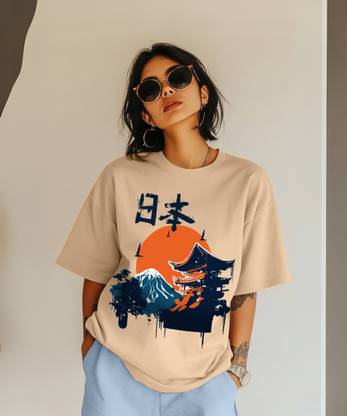 JUNEBERRY Printed Women Round Neck Beige T-Shirt