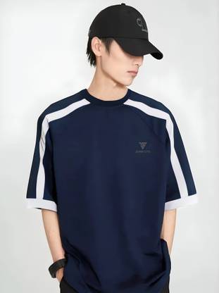 Jump Cuts Solid Men Round Neck Dark Blue T-Shirt