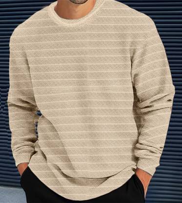 Force Solid Men Round Neck Beige T-Shirt