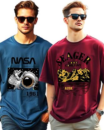 AUSK Printed Men Round Neck Maroon, Dark Blue T-Shirt
