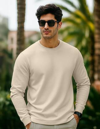 Veirdo Solid Men Round Neck Beige T-Shirt