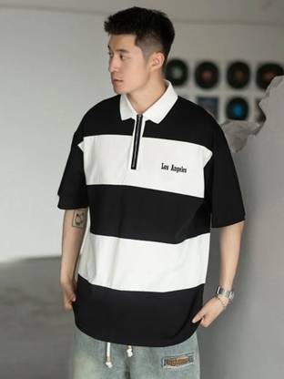 Jump Cuts Printed Men Polo Neck Black, White T-Shirt