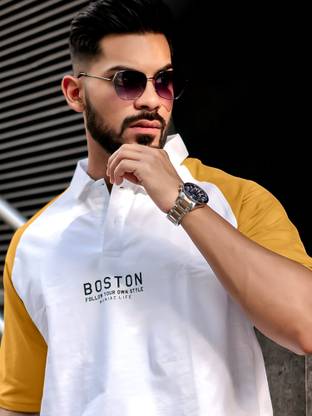 MANIAC Printed Men Polo Neck White, Yellow T-Shirt