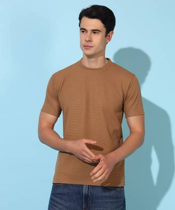 Christy World Solid Men Round Neck Beige T-Shirt