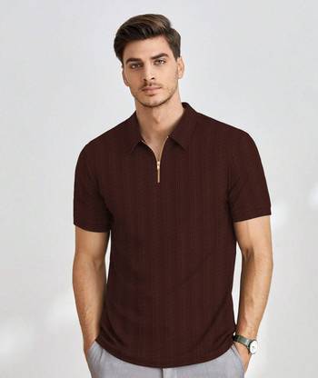 KAJARU Self Design Men Polo Neck Brown T-Shirt