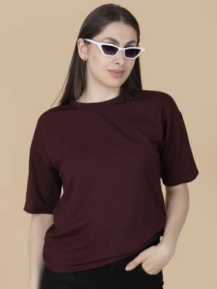 VDTREND Self Design Women Round Neck Maroon T-Shirt