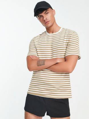 VIMAL JONNEY Striped Men Round Neck Beige T-Shirt