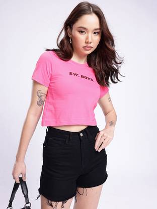 Glitchez Graphic Print Women Round Neck Pink T-Shirt