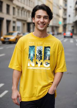 METRONAUT Printed Men Round Neck Yellow T-Shirt