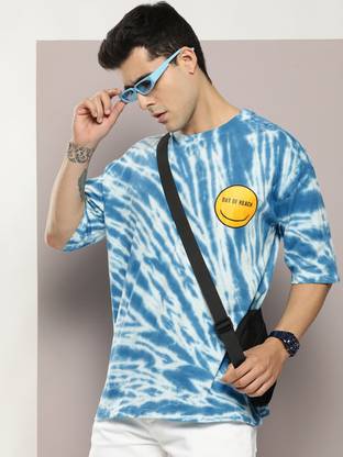Kook N Keech Striped, Tie & Dye, Printed Men Round Neck White, Light Blue T-Shirt