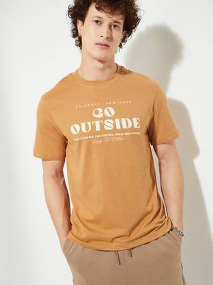 MAX Printed Men Round Neck Beige T-Shirt