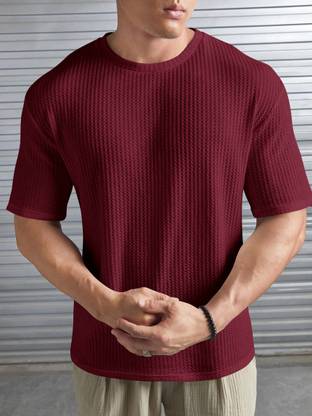 Self Design Men Maroon T-Shirt