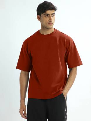 NOBERO Solid Men Crew Neck Orange T-Shirt