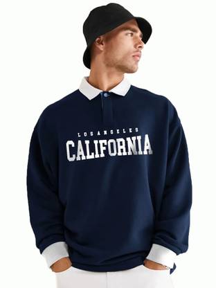 Jump Cuts Printed Men Polo Neck Blue T-Shirt