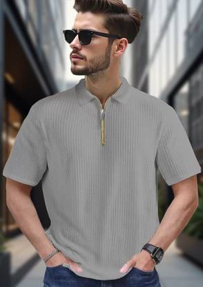 NB NICKY BOY Self Design Men Zip Neck Grey T-Shirt