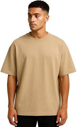 VEL Solid Men Round Neck Beige T-Shirt