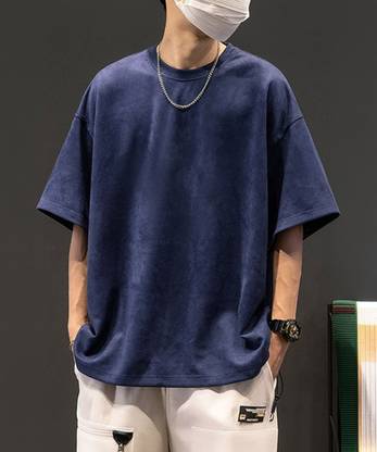 FARICON Solid Men Round Neck Navy Blue T-Shirt