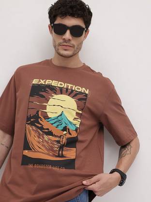 Roadster Printed Men Round Neck Brown T-Shirt