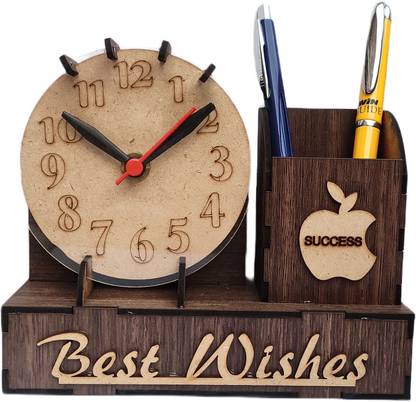 Normii Analog Wooden Clock with Pen Stand for Office Desk Study Table Shelf Home Decor Clock
