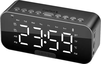 CreaTeck Digital Alarm Clock with Mirror LED Display, Bluetooth Speaker FM Radio, Table Clock