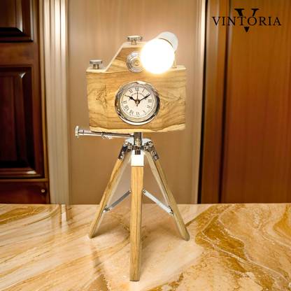Vintoria Analog Brown, With Lamp Wooden, Vintage Style, Camera Style lamp Tripod Stand Clock