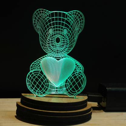 Gadgets World TEDDY BEAR Acrylic USB 3D Illusion RGB 7 Colour Changing LED Wooden Usb Night Lamp