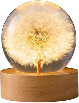 carfrill Preserved Dandelion 3D Crystal Ball with Led Wooden Base Night Light Table Lamp