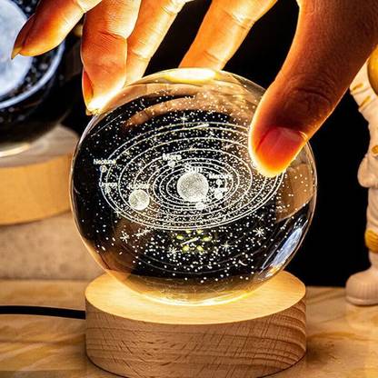 Trendegic Small Solar System Ball Night Light 3D Glass Ball Night Lamp with Wood Base Table Lamp