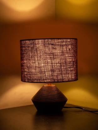 Devansh Brown Jute Table Lamp With Wood Natural Base (7X12 Inches) Table Lamp