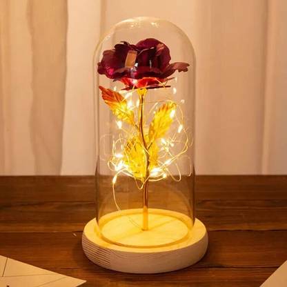 Upstuff Rose in Glass Dome/Beautiful Bright Enchanted Rose/Wooden Flower Lamps Night Lamp