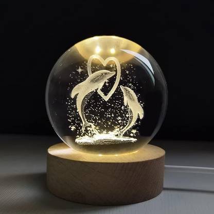 SHOPOGENIX Heart Dolphins Crystal Ball 2.4 inch 3D Galaxy Ball lamp USB LED Wooden Base Night Lamp