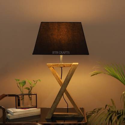 BTR Crafts Wooden Cross Natural Teak Table Lamp with Black Fabric Shade Table Lamp