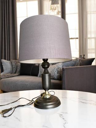 Autowhrib Stylish Table Lamp (45 cm) Solid Grey Shade & Metallic Black Base for Decor Table Lamp