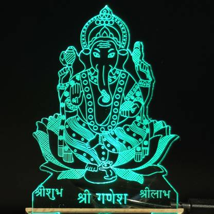 Red Robin SHREE GANESH Acrylic USB 3D Illusion RGB 7 Colour Changing LED Wooden Night Lamp