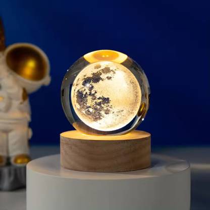 SHOPOGENIX 3D Moon Crystal Ball Night Light,2.4 inch Glass Ball Night Lamp with Wood Base Night Lamp