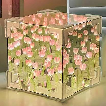 Dangfly Handmade DIY Tulip Cube Mirror Light, Tulip Flower Table Lamp Night Lamp