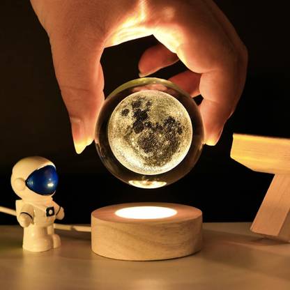 SHOPOGENIX 3D Moon Crystal Ball Night Lamp,,2.4 inch Glass Ball Night Lamp with Wood Base Night Lamp