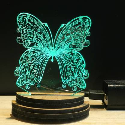 Gadgets World BUTTERFLY Acrylic USB 3D Illusion RGB 7 Colour Changing LED Wooden Usb Night Lamp