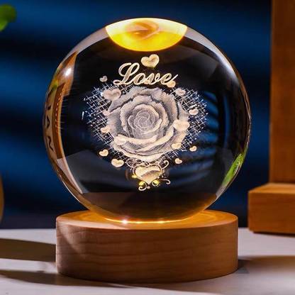 SHOPOGENIX Bloomy Rose Crystal Ball With Led Wooden Base 2.4" Crystal Ball Decorative Night Lamp